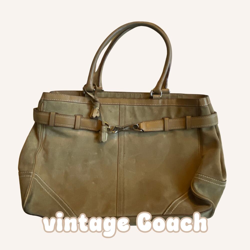 COACH bag vintage suede hamptons shoulder tote tan leather 5J09 purse